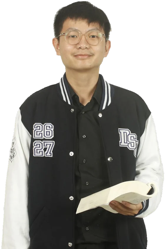 Marcell Hermawan Kristianto in his Binus Data Science Club 26/27 jacket, holding a book
