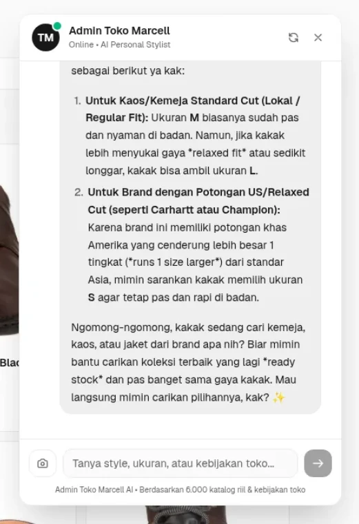 The sales copilot chat: a shopper asks in Indonesian and the copilot recommends products
